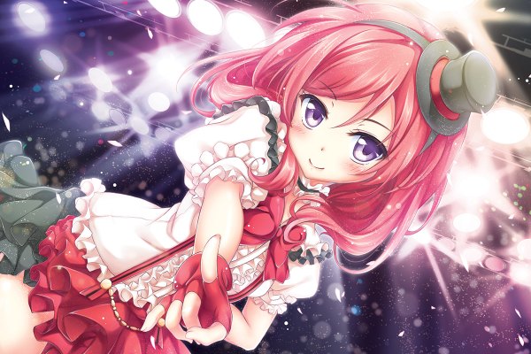 Anime picture 1200x800 with love live! school idol project sunrise (studio) love live! nishikino maki shirakawako single looking at viewer blush short hair smile purple eyes red hair girl dress bow hat frills fingerless gloves