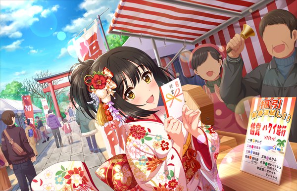 Anime picture 1280x824 with idolmaster idolmaster cinderella girls idolmaster cinderella girls starlight stage takafuji kako looking at viewer blush short hair open mouth black hair yellow eyes sky cloud (clouds) outdoors traditional clothes japanese clothes hair flower girl hair ornament flower (flowers) kimono