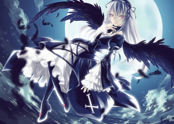 Anime picture 1500x1066 with rozen maiden suigintou single long hair silver hair pink eyes night finger to mouth flying black wings lolita fashion goth-loli girl dress ribbon (ribbons) wings frills headdress moon feather (feathers)