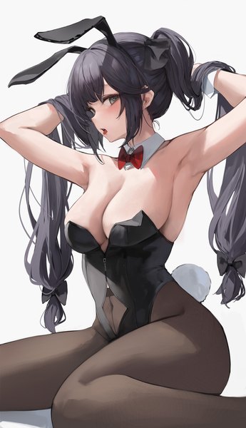 Anime picture 2500x4353 with genshin impact mona megistus leviathan (hikinito0902) single long hair tall image looking at viewer fringe highres breasts open mouth blue eyes light erotic black hair simple background large breasts white background sitting twintails animal ears