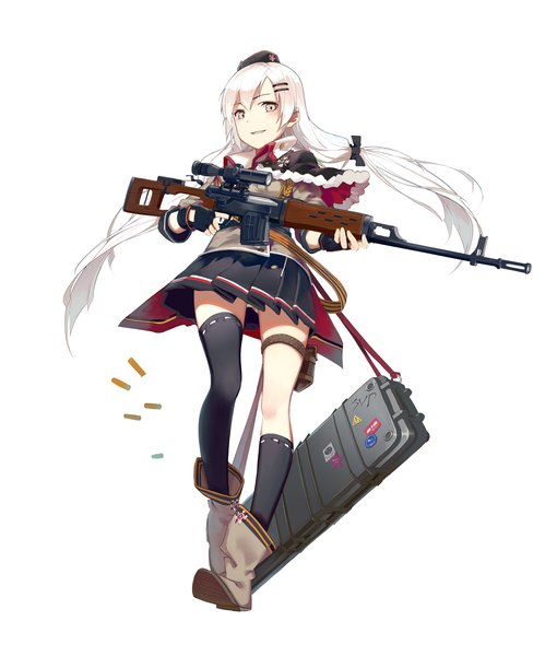 Anime picture 2980x3507 with girls frontline svd (girls frontline) huanxiang heitu single long hair tall image looking at viewer highres light erotic simple background white background twintails full body white hair pleated skirt official art from below grey eyes pantyshot low twintails