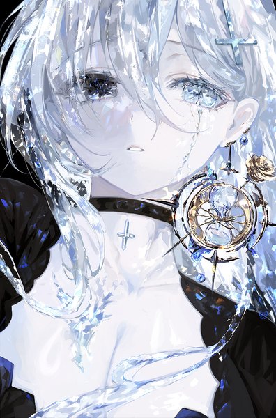 Anime picture 730x1106 with blue archive shiroko (blue archive) shiroko terror (blue archive) pla4neta single long hair tall image looking at viewer fringe breasts light erotic hair between eyes large breasts cleavage silver hair upper body black eyes heterochromia silver eyes liquid hair