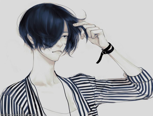 Anime-Bild 1500x1143 mit original takenaka single fringe short hair black hair simple background hair over one eye grey background striped casual boy