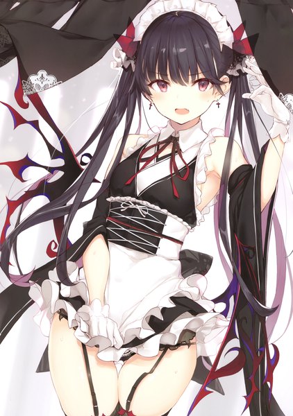 Anime picture 2407x3421 with original nanananana single long hair tall image looking at viewer blush fringe highres open mouth light erotic black hair smile hair between eyes red eyes standing twintails bare shoulders :d arm up