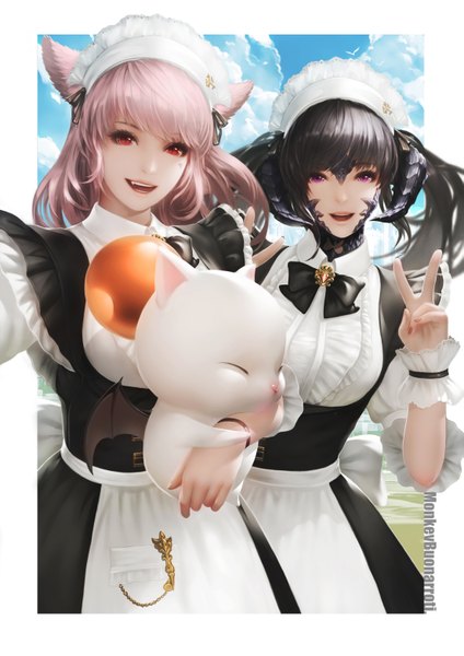 Anime picture 2206x3122 with final fantasy final fantasy xiv square enix miqo'te au ra moogle monkey (weibo) long hair tall image looking at viewer fringe highres open mouth black hair smile red eyes twintails multiple girls animal ears pink hair