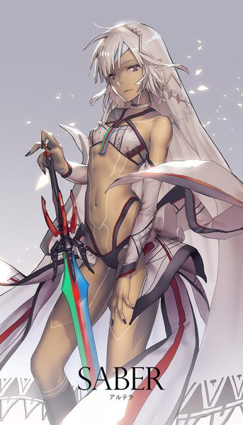 Anime picture 594x1037 with fate (series) fate/grand order altera (fate) ritsuki single tall image looking at viewer short hair light erotic red eyes standing white hair nail polish fingernails inscription bare belly dark skin bodypaint girl navel