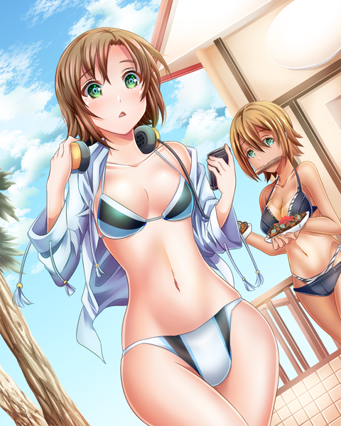 Anime picture 800x1000 with idolmaster idolmaster cinderella girls tada riina kimura natsuki jude (minority lilac) tall image short hair breasts light erotic brown hair multiple girls holding green eyes sky cloud (clouds) outdoors open clothes open jacket from below dutch angle