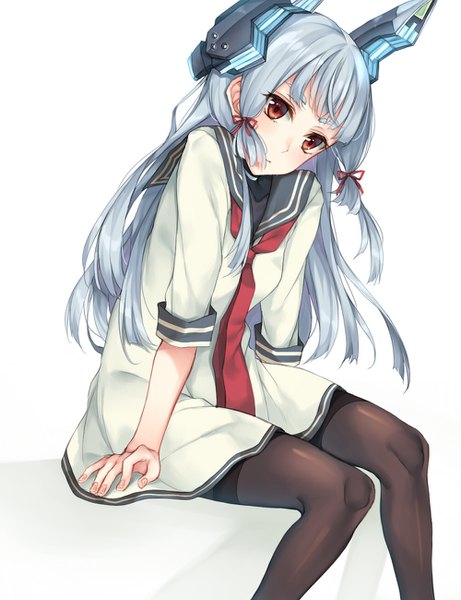 Anime picture 1000x1300 with kantai collection murakumo destroyer rinarisa single long hair tall image looking at viewer blush fringe simple background white background sitting brown eyes silver hair bent knee (knees) head tilt fingernails arm support short twintails sailor collar