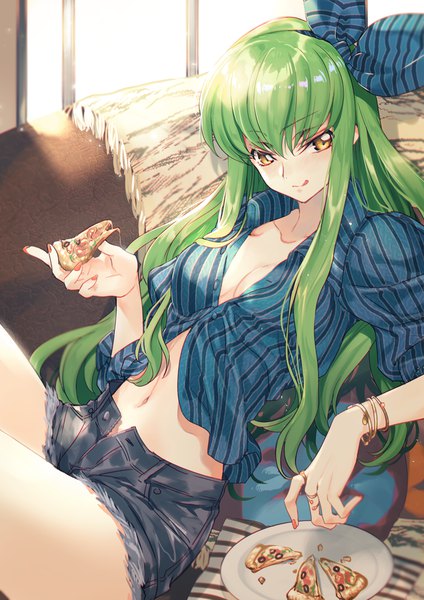 Anime picture 800x1131 with code geass sunrise (studio) c.c. creayus single long hair tall image blush fringe breasts light erotic hair between eyes yellow eyes looking away cleavage indoors nail polish head tilt green hair open shirt