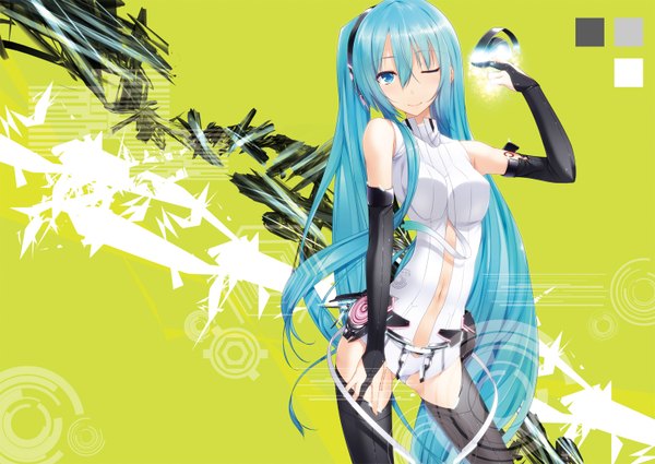 Anime picture 1500x1064 with vocaloid vocaloid append hatsune miku hatsune miku (append) ayatudura single looking at viewer bare shoulders very long hair one eye closed aqua eyes light smile wink aqua hair girl thighhighs gloves navel black thighhighs elbow gloves
