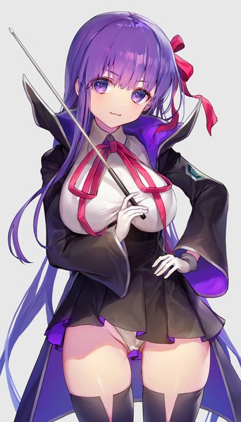 Anime picture 877x1537 with fate (series) fate/extra fate/extra ccc bb (fate) (all) bb (fate/extra) vivi (eve no hakoniwa) single long hair tall image looking at viewer breasts light erotic simple background large breasts purple eyes purple hair pleated skirt grey background hand on hip girl