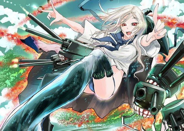 Anime picture 1450x1036 with kantai collection tagme (artist) single long hair open mouth light erotic blonde hair red eyes cloud (clouds) falling girl thighhighs uniform underwear panties ribbon (ribbons) bow weapon black thighhighs hair bow
