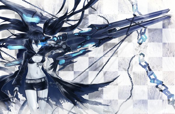 Anime picture 1833x1200 with black rock shooter black rock shooter (character) 2d (artist) single long hair looking at viewer highres blue eyes black hair twintails wind shadow torn clothes scar pale skin checkered background girl navel weapon sword
