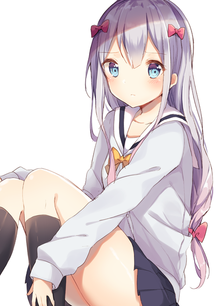 Anime picture 1226x1734 with eromanga sensei a-1 pictures izumi sagiri shiino sera (gelatin) single long hair tall image looking at viewer blush fringe blue eyes simple background white background sitting silver hair braid (braids) pleated skirt shiny skin single braid knees touching