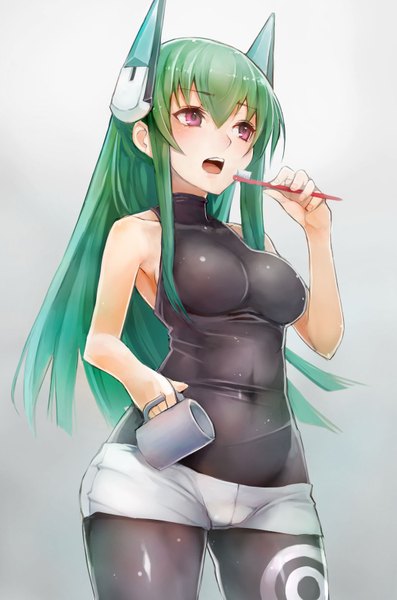 Anime picture 1060x1600 with original menou kaname taishi (picchiridou) single long hair tall image blush open mouth simple background pink eyes green hair grey background sleeveless covered navel girl navel headdress bodysuit mug toothbrush