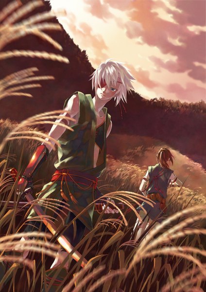 Anime picture 1300x1839 with original minami seira tall image short hair blue eyes brown hair sky cloud (clouds) white hair ponytail from behind multiple boys back evening sunset field boy weapon sword 2 boys