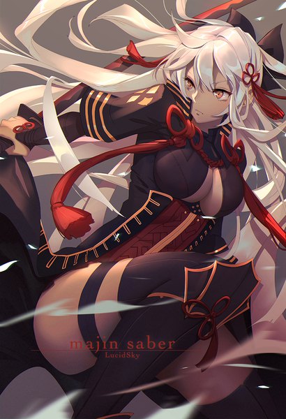 Anime picture 800x1169 with fate (series) fate/grand order okita souji (fate) (all) okita souji alter (fate) lucidsky single tall image fringe breasts light erotic hair between eyes holding brown eyes signed looking away cleavage silver hair ahoge very long hair character names