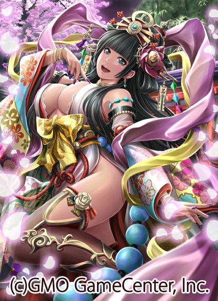 Anime picture 640x880 with original shamakho single long hair tall image looking at viewer fringe breasts open mouth blue eyes light erotic black hair large breasts blunt bangs girl hair ornament detached sleeves petals