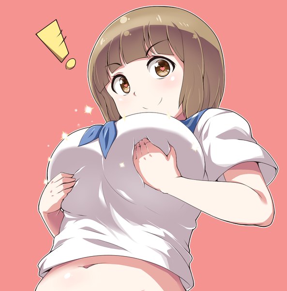 Anime picture 1086x1100 with kill la kill studio trigger mankanshoku mako moisture (chichi) single tall image looking at viewer blush short hair breasts light erotic simple background smile brown hair large breasts brown eyes symbol-shaped pupils breast grab pink background !