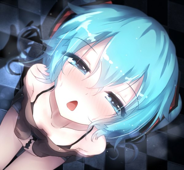 Anime picture 1500x1392 with vocaloid hatsune miku qys3 single long hair looking at viewer blush open mouth light erotic sitting twintails bare shoulders aqua eyes from above aqua hair shadow looking up close-up face checkered floor