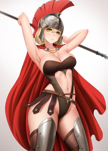 Anime picture 865x1200 with original obaoba (monkeyix) single tall image looking at viewer blush fringe short hair breasts light erotic simple background blonde hair hair between eyes large breasts standing holding green eyes cleavage mole arms up