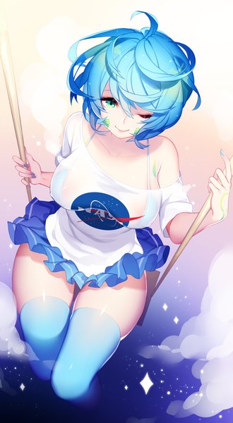 Anime picture 2200x4000 with original nasa earth-chan nanoless single tall image looking at viewer fringe highres short hair breasts light erotic smile hair between eyes large breasts sitting green eyes blue hair cloud (clouds) ahoge