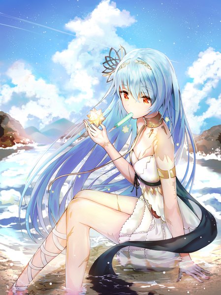 Anime picture 2405x3212 with girls frontline thunder (girls frontline) neiless neiro single long hair tall image fringe highres hair between eyes red eyes sitting bare shoulders holding looking away sky cloud (clouds) wind arm support partially submerged mouth hold