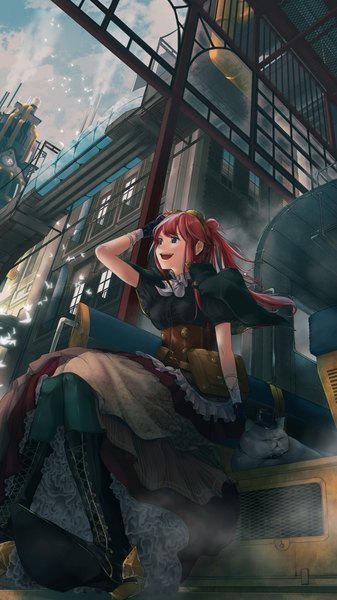 Anime picture 1080x1920 with original maeda-mic single long hair tall image open mouth blue eyes smile sitting looking away red hair from below scenic steam underbust lace-up boots steam punk perspective girl dress