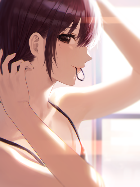 Anime picture 2480x3298 with original akai akato single tall image looking at viewer blush fringe highres short hair hair between eyes brown hair holding brown eyes payot upper body sunlight arms up mouth hold adjusting hair tying hair
