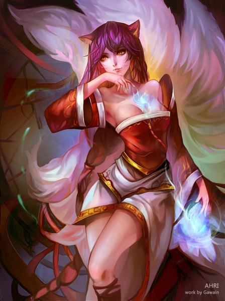 Anime picture 2480x3316 with league of legends ahri (league of legends) gawain (artist) single long hair tall image highres breasts light erotic bare shoulders animal ears looking away purple hair tail lips orange eyes magic fox girl multiple tails girl