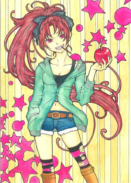 Anime picture 763x1070 with mahou shoujo madoka magica shaft (studio) sakura kyouko sayococco single tall image looking at viewer smile red eyes holding ponytail red hair very long hair bare belly mouth hold striped hand in pocket traditional media striped background girl