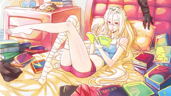 Anime-Bild 2160x1215 mit original youtsuu single highres breasts blonde hair red eyes wide image holding lying barefoot on back reading girl hair ornament glasses shorts pillow book (books) bobby pin