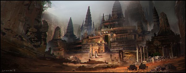 Anime picture 1510x598 with original lownine (amuza) wide image signed border scenic ruins building (buildings) ground vehicle car people