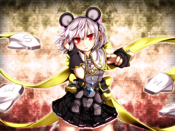 Anime picture 1600x1200 with touhou nazrin kazetto (kazetsuto) single looking at viewer short hair red eyes silver hair mouse ears mouse tail girl skirt miniskirt headphones