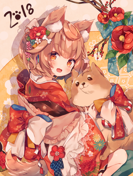 Anime picture 753x1000 with original ana (rznuscrf) single tall image looking at viewer blush short hair open mouth brown hair sitting brown eyes animal ears tail traditional clothes :d japanese clothes animal tail shadow new year dog ears