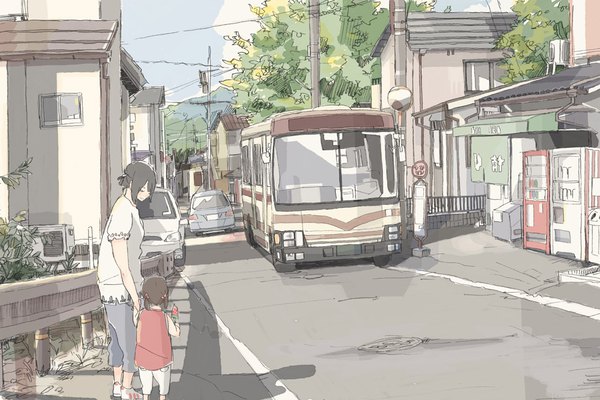 Anime picture 972x649 with original wamizu short hair brown hair multiple girls outdoors shadow holding hands mother and daughter real world location kyoto girl 2 girls plant (plants) tree (trees) food sweets building (buildings) ice cream ground vehicle