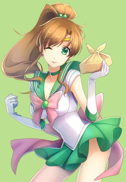 Anime picture 800x1157 with bishoujo senshi sailor moon toei animation kino makoto sailor jupiter chocofox single long hair tall image looking at viewer brown hair holding green eyes ponytail very long hair pleated skirt one eye closed light smile wink green background girl