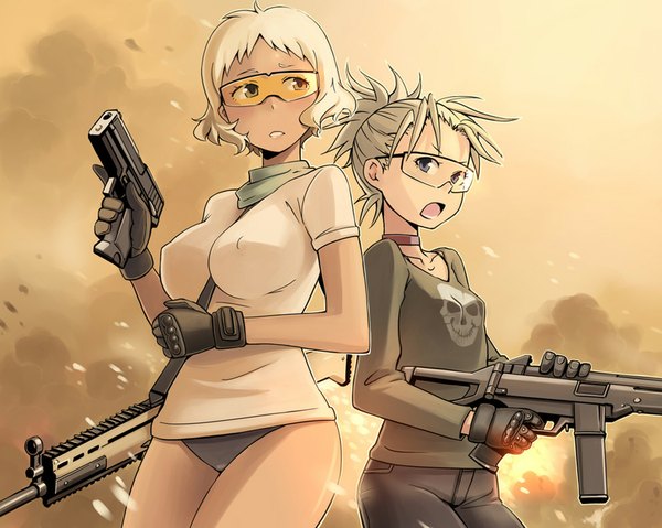 Anime picture 1024x819 with call of duty short hair open mouth light erotic blonde hair multiple girls erect nipples covered nipples girl gloves underwear panties weapon 2 girls black gloves gun skull goggles pistol assault rifle