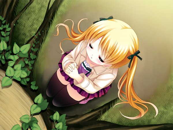 Anime picture 1024x768 with natsu yuki - summer snow miki nayuta long hair blonde hair twintails game cg eyes closed loli girl thighhighs black thighhighs