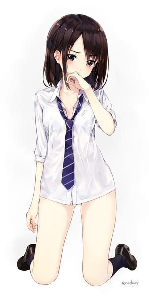 Anime picture 600x1200 with original orda single tall image looking at viewer blush fringe short hair light erotic brown hair standing brown eyes signed full body bent knee (knees) head tilt embarrassed kneeling open collar covered mouth