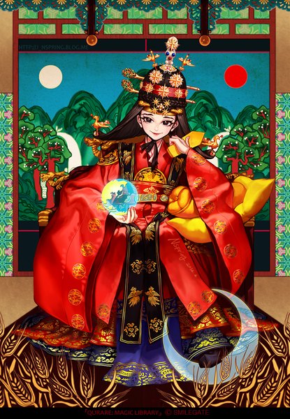 Anime picture 800x1156 with qurare: magic library shabomu single long hair tall image brown hair brown eyes traditional clothes mountain crescent korean clothes girl plant (plants) tree (trees) headdress pillow moon ball sun