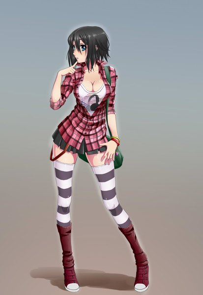 Anime picture 1484x2154 with original nikita varb single tall image looking at viewer fringe short hair breasts open mouth blue eyes black hair large breasts standing profile pleated skirt shadow zettai ryouiki gradient background finger to mouth plaid