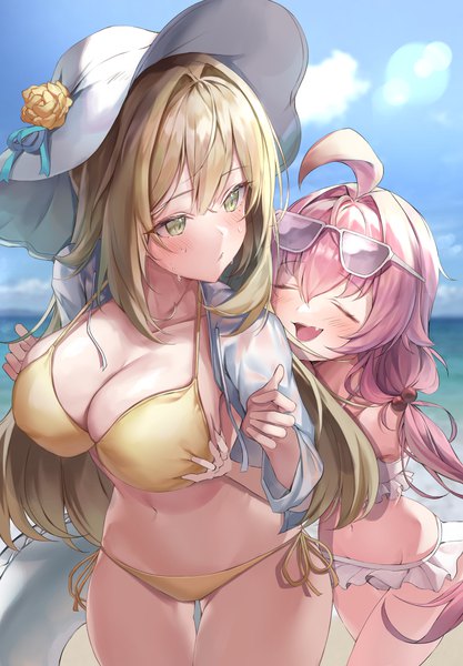 Anime picture 4167x6000 with blue archive hoshino (blue archive) nonomi (blue archive) nonomi (swimsuit) (blue archive) hoshino (swimsuit) (blue archive) pengrani long hair tall image blush fringe highres breasts open mouth light erotic blonde hair hair between eyes large breasts multiple girls yellow eyes looking away