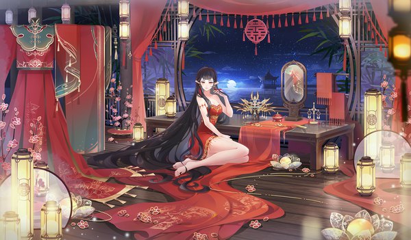 Anime picture 1920x1123 with original zuo600 single looking at viewer fringe highres breasts black hair red eyes wide image sitting payot cleavage cloud (clouds) full body bent knee (knees) indoors blunt bangs very long hair traditional clothes
