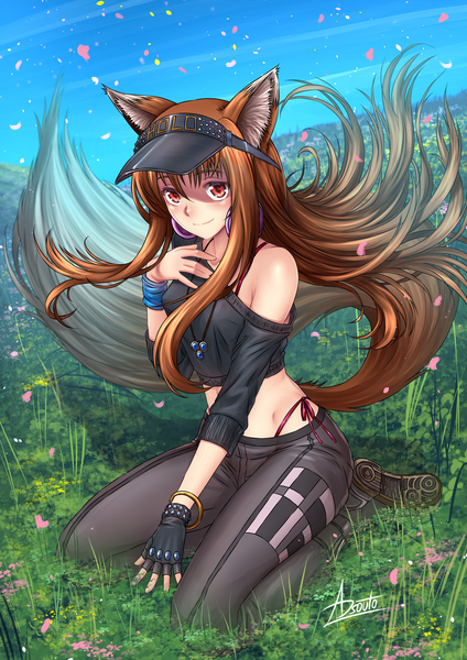 Anime picture 4961x7016 with spice and wolf horo adsouto single long hair tall image looking at viewer blush fringe highres breasts smile hair between eyes red eyes brown hair sitting bare shoulders signed animal ears payot