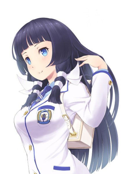 Anime picture 870x1228 with original wa (genryusui) single long hair tall image looking at viewer blush fringe blue eyes black hair simple background smile white background girl uniform school uniform backpack