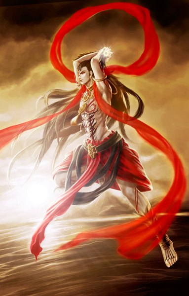 Anime picture 1000x1566 with magi the labyrinth of magic a-1 pictures sinbad (magi) myme1 single long hair tall image open mouth light erotic black hair red eyes bare shoulders sky barefoot horn (horns) sunlight realistic midriff tattoo magic
