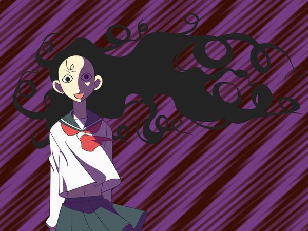 Anime picture 1400x1050 with sayonara zetsubou sensei shaft (studio) kitsu chiri single long hair looking at viewer open mouth black hair simple background :d pleated skirt wind girl skirt uniform serafuku