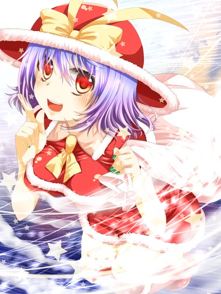 Anime picture 1200x1600 with touhou nagae iku syouji-fascism single tall image blush short hair open mouth smile red eyes purple hair fur trim christmas merry christmas girl bow hat star (symbol) fur santa claus costume