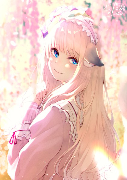Anime picture 1415x2000 with original chita (ketchup) single long hair tall image looking at viewer blush fringe blue eyes blonde hair signed animal ears upper body blunt bangs looking back light smile mole mole under eye fox ears girl